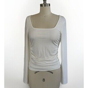 WAYF Women’s Sz M Scoop Neck Long Sleeve Top Ivory with Drawstring Sides ECU